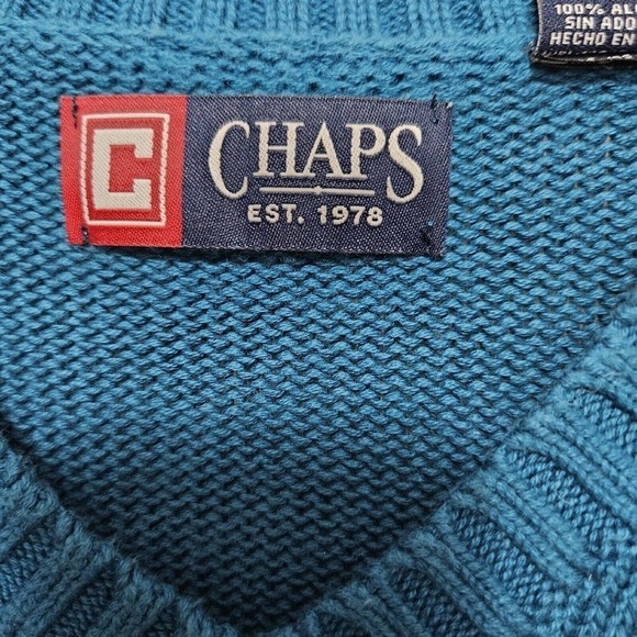 Chaps Ralph Lauren Sweater Mens XLT V-Neck Pullover Cotton Knit Turquoise - Picture 4 of 8
